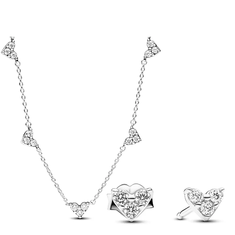Classic 925 Sterling Silver Sparkling Double Ring Earrings Necklace for Women's New Year and Christmas Charm Jewelry