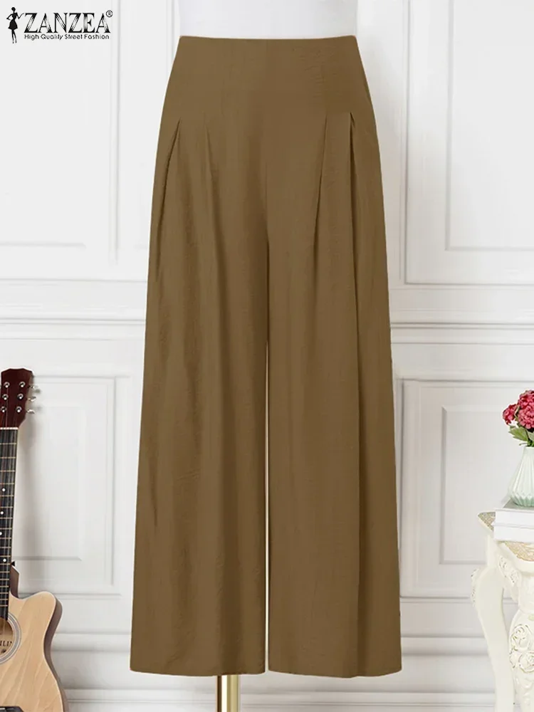 ZANZEA Pantaloni eleganti a gamba larga 2025 Pantaloni estivi da donna in tinta unita Pantaloni larghi casual con pieghe a vita alta