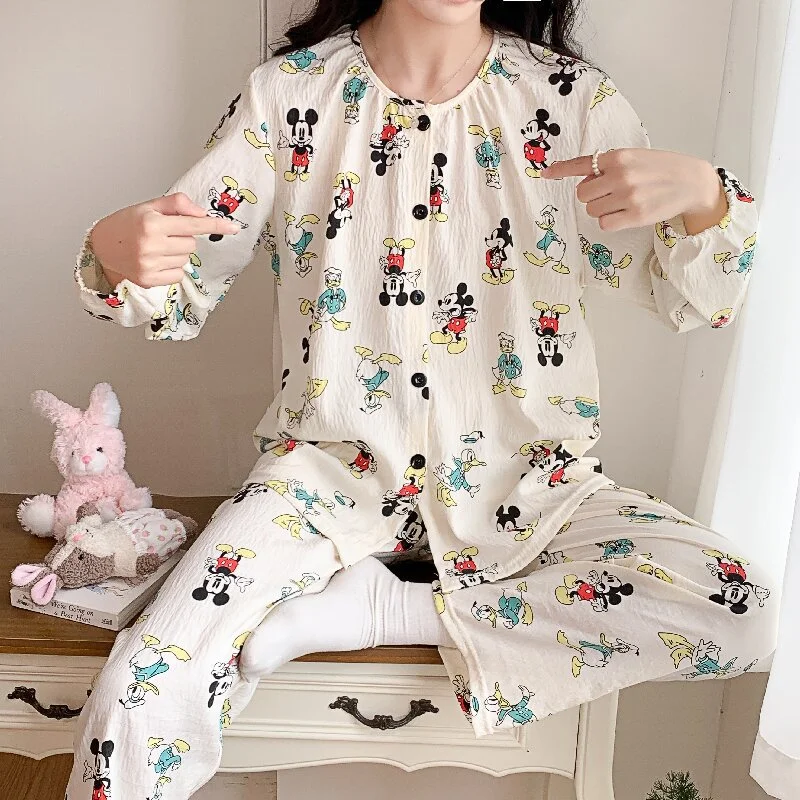 Disney Mickey autumn new pajamas women\'s cloud cotton crew neck cardigan Mickey cartoon sweet and comfortable girl loungewear