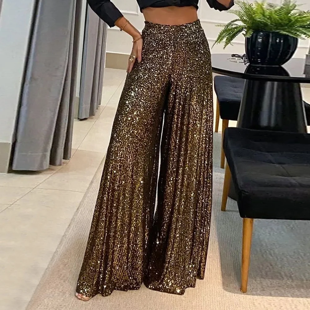 

Women's Elegant Gold Sequin Wide Leg Pants High Waisted Sparkle Trousers Glamorous Party Clubwear Shiny Evening Fashion Bottoms