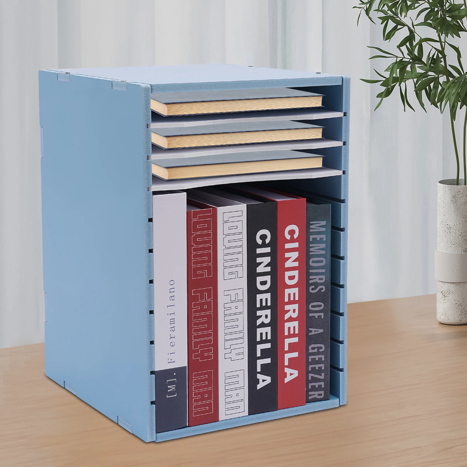 Organizzatore di file da tavolo verticale, vassoio di carta a 11 slot, blu, porta documenti formato lettera, forniture per lo studio, soluzione di archiviazione per ufficio