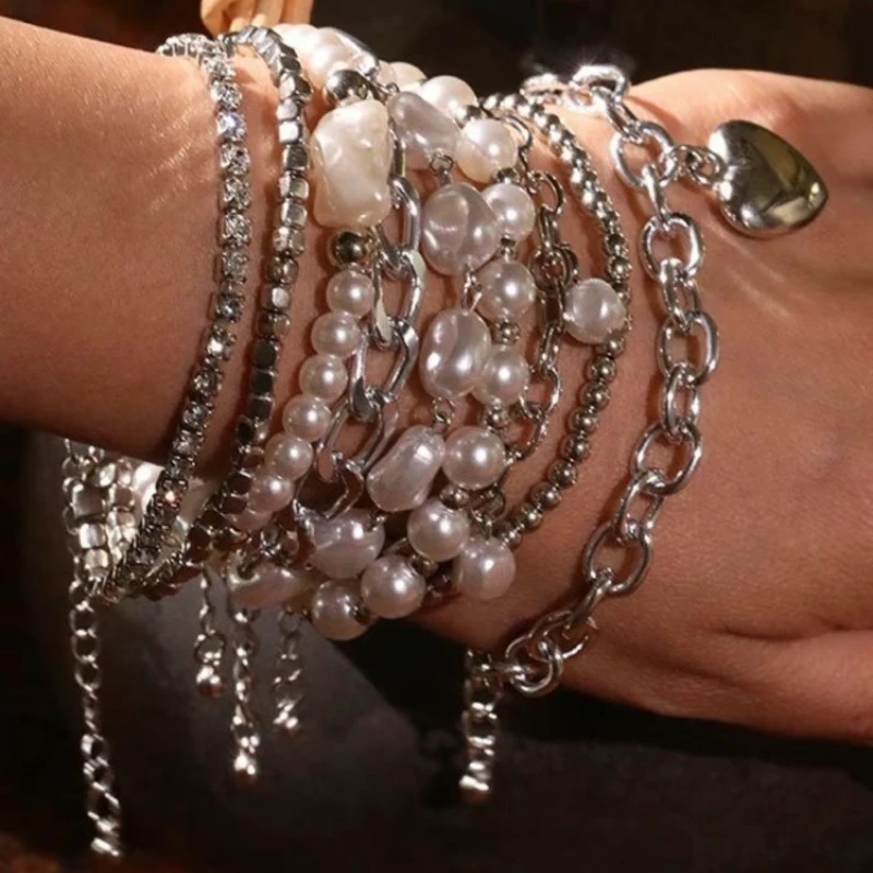 

9PCS Pearl Bangle Love Pendant Elegant Cuban Chain&faux Set Layered Dainty Chain Trendy Boho Chic Accessories Gift