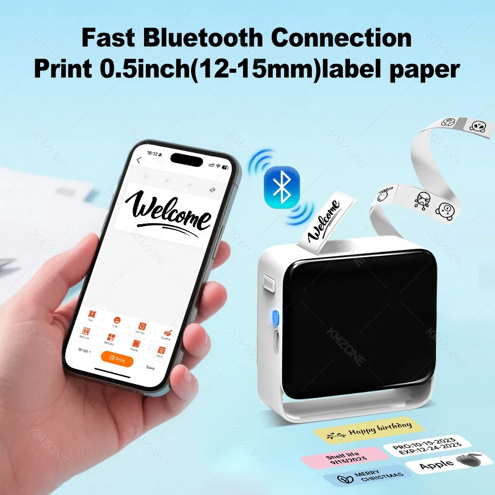 Mini Mobile Portable Label Printer Bluetooth Wireless Thermal Sticker Maker Compact Printing width Device (10-15mm) without Ink