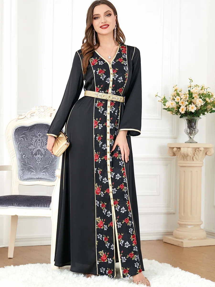 

Abaya for Muslim Women Elegant Printing V Neck Arabic Clothing Middle East Long Sleeves Evening Dress with Belt Vestidos Longos