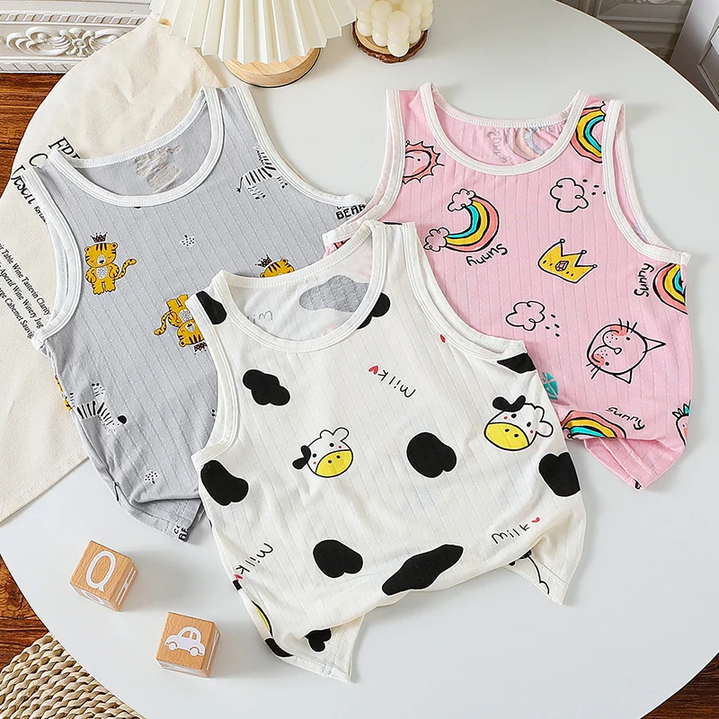 

3-piece Children's Four Seasons Breathable Comfort Multicolor Vest Boys And Girls Fashion Joker Top Sweat-absorbent Bottoming T