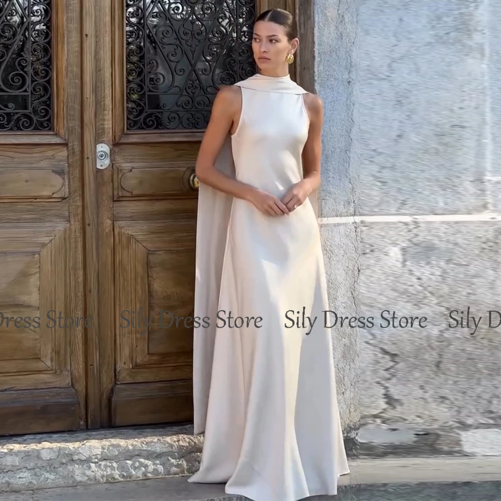Saudi Arabian Dresses for Special Occasions Satin Mermaid Evening Dress White O-Neck Trumpet Formal Dresses with Shawl image 3