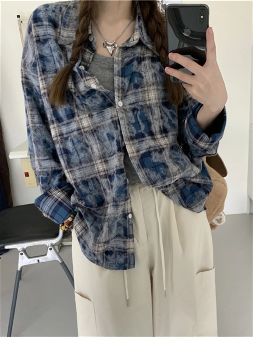 

Arazooyi Oversize Plaid Coats Women Vintage Autumn Full Sleeve 2023 New Casual Chic Loose Streetwear All Match Daily Shirt