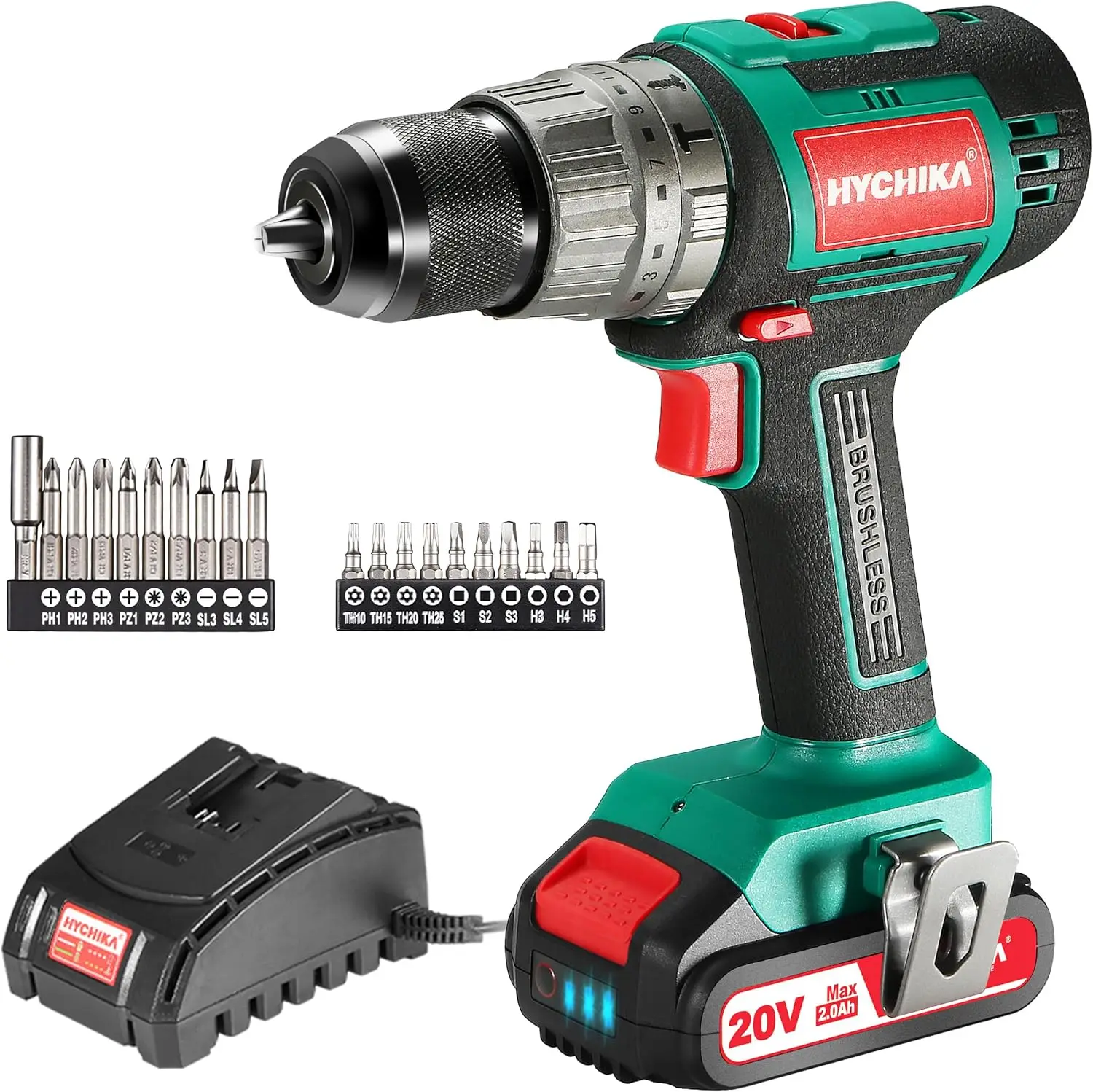 Cordless Drill 20V Max, Hychika Brushless Drill Max Torque 530 In-Lbs, 2.0 Ah Battery 1H Fast Charger, 21+3 Torque Setting