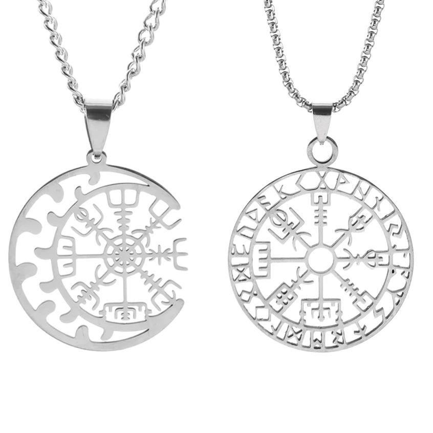 Hollow Compass Rune Pendant Stainless Steel Necklace for Men and Women Fashionable Nordic Amulet Jewelry New Year Gift