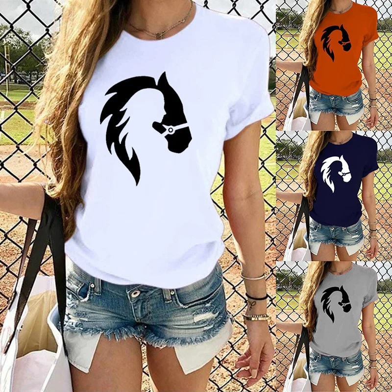 Cute Horse Head Print T Shirts For Women&Girls Casual Round Neck Tees Top Summer Women`s Loose Fit T-shirt