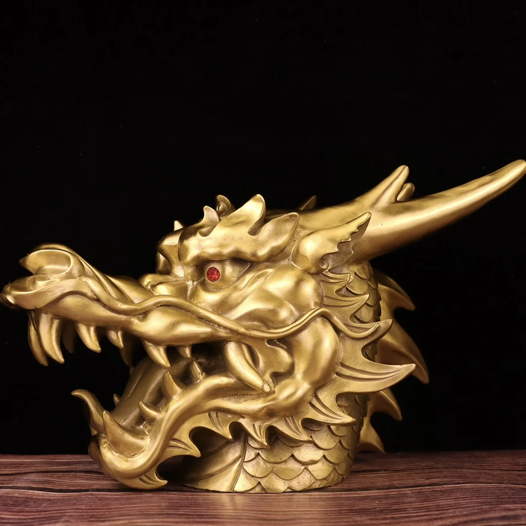 

18"Tibetan Temple Collection Old Brass Chinese Loong Dragon Head Statue Mythical Beast Gather fortune Ornament Town house