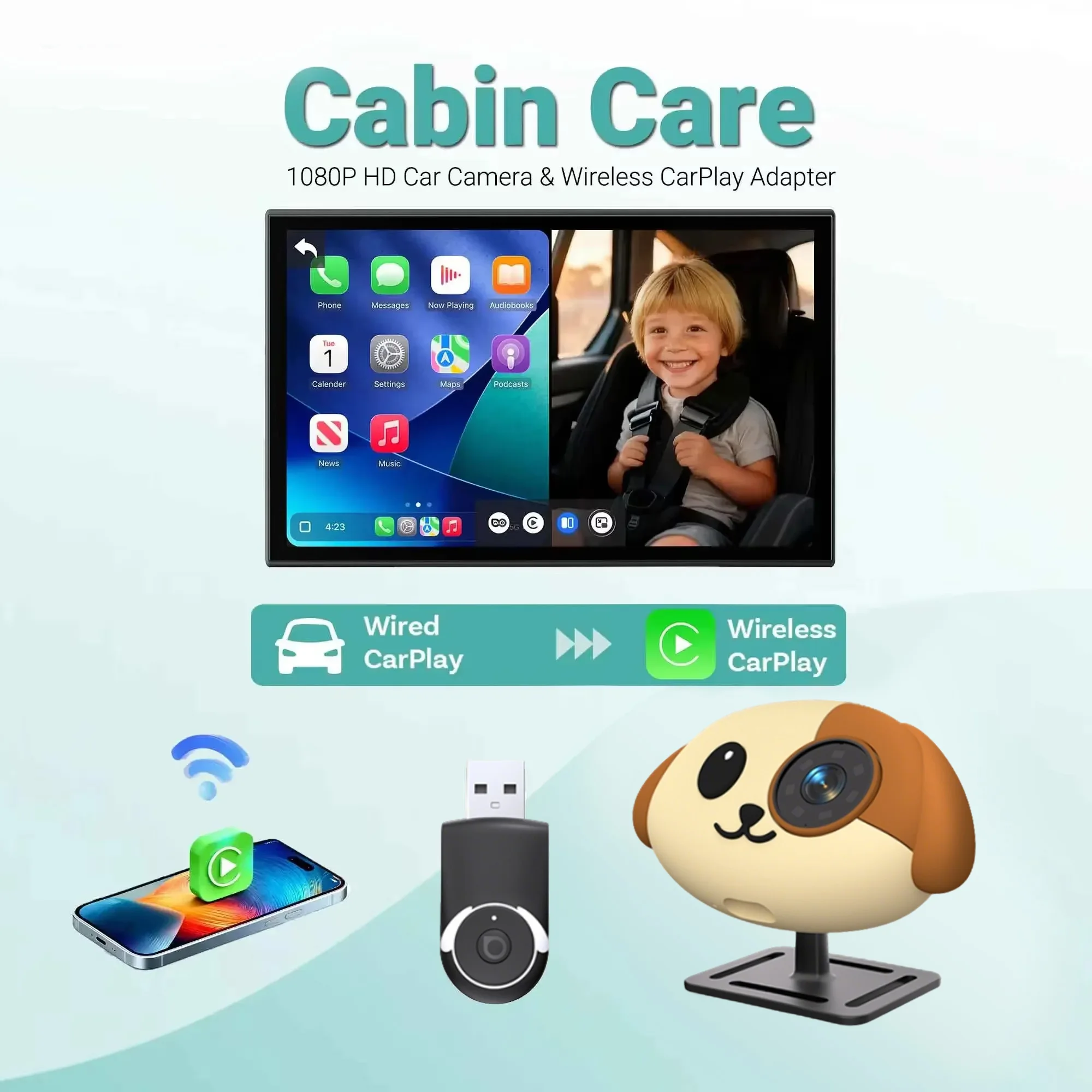 Cabin Care Wireless CarPlay Adapter 1080P HD Baby Car Camera 150° Wide Angle Night Vision Split-screen Backseat Monitor