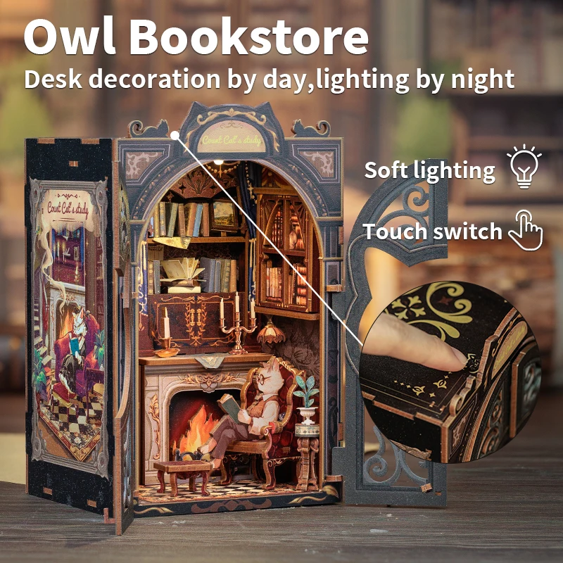 DIY Miniature Book Nook Shelf Insert – Cat’s Study 3D Wooden Puzzle Kit with LED Lights 2