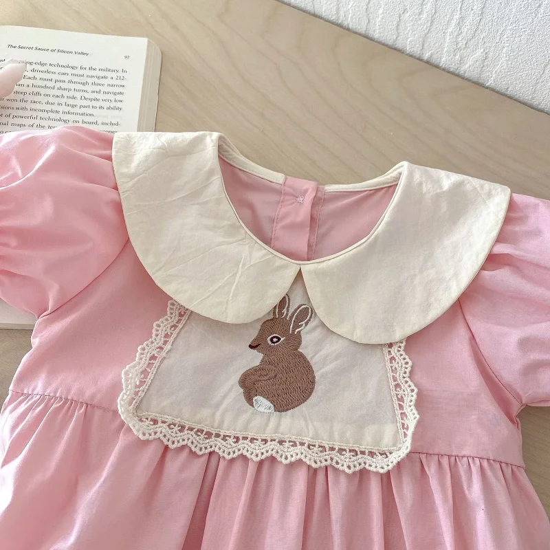 Korea Style Baby Girl Romper 0-2Years Newborn Princess Short Sleeve Peter Pan Collar Rabbit Bodysuit One-Pieces Summer Clothes