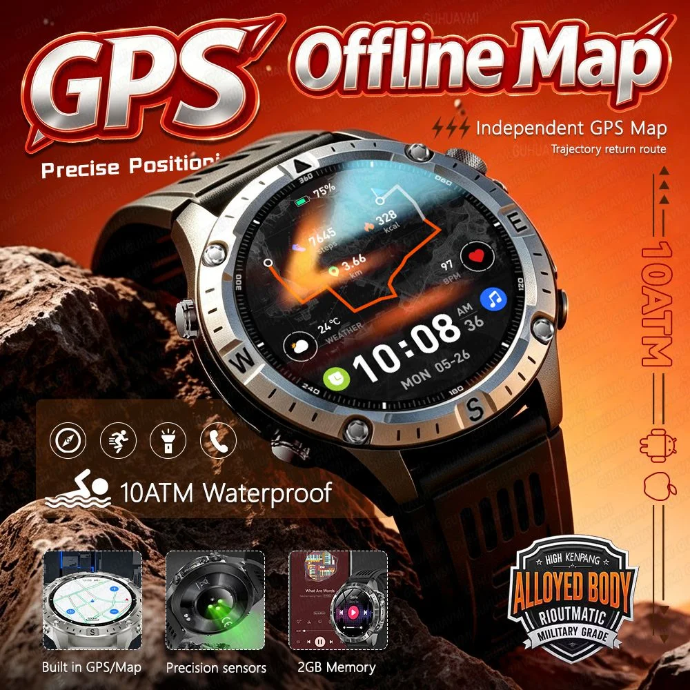 

2026New Military GPS Offline Map Smart Watch Men 2GB Memory Music 10ATM Swim Compass Bluetooth Call Health Monitoring SmartWatch