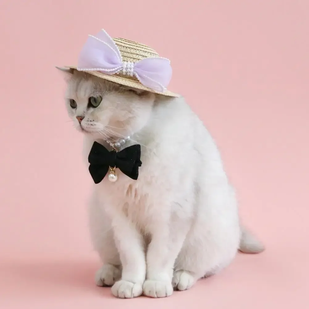 New Straw Pet Hat Cat Dog Summer Sun Shade Straw Hat Pet Puppy Accessories Small Dog Hat Sweet Bow Hats for Cats Pet Hats