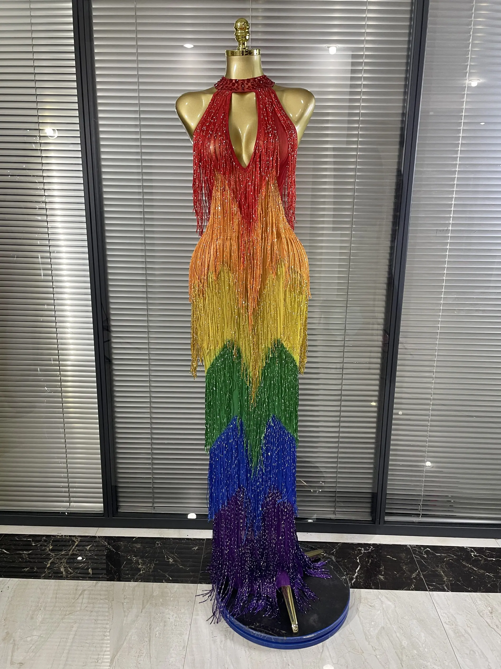 bodycon dress rainbow Color Women Sexy Off the Shoulder Keyholes Fringes Colorful Long Nightclub Party Performance Costumes Color:Blue & Black Dance Performance Lydia Maxi Dress in Neckline: Sweetheart