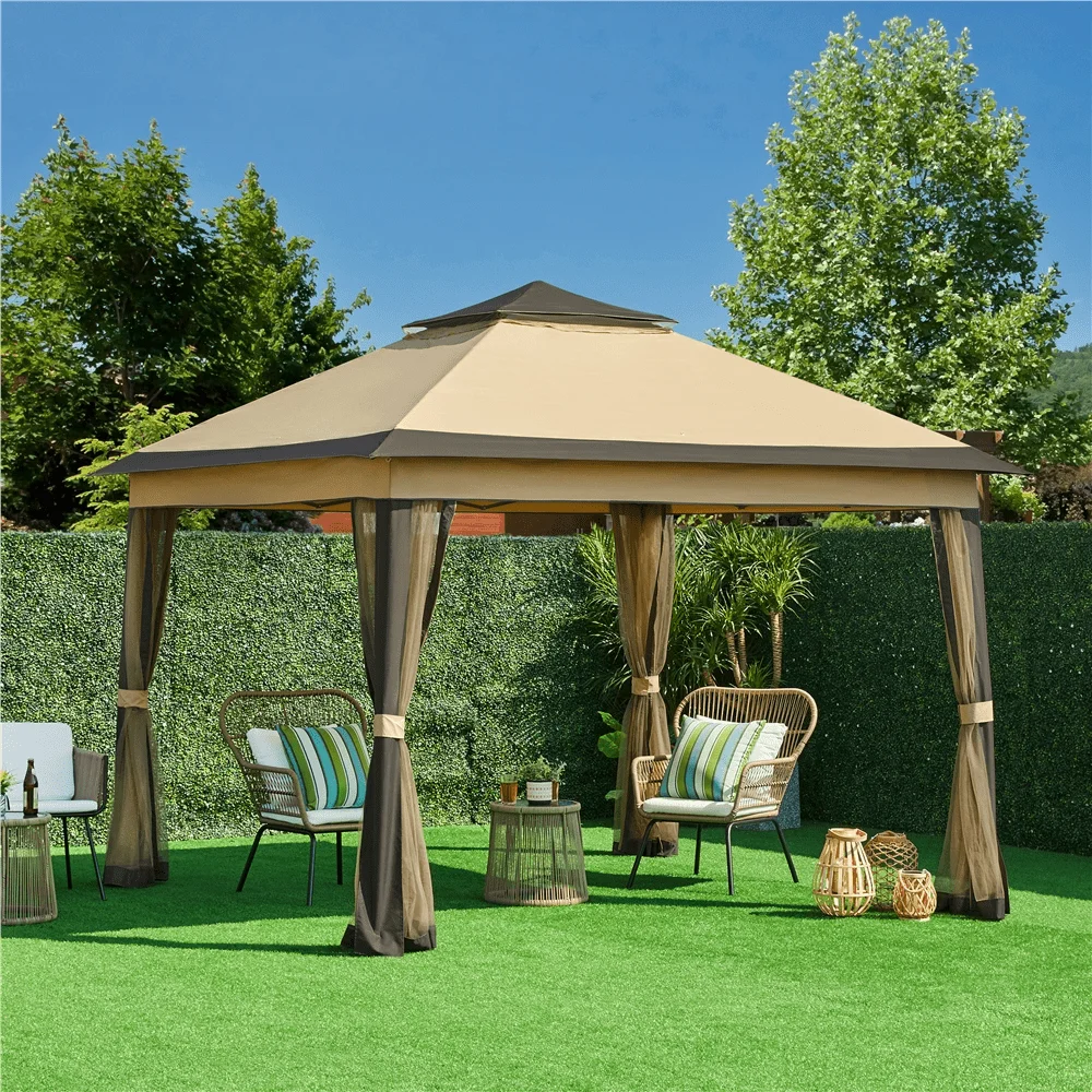 

11x11ft Garden Gazebo Canopy with Mesh Netting, Khaki/Brown