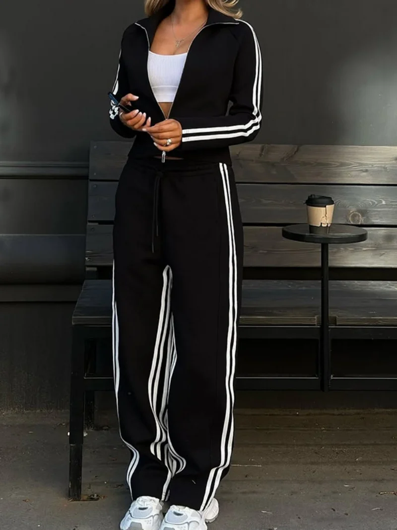 Streetwear Seite Gestreiften 2-teiliges Sets Frauen Outfits Herbst Kleidung Frauen Langarm Top und Hose Sets Lässige Frau Set