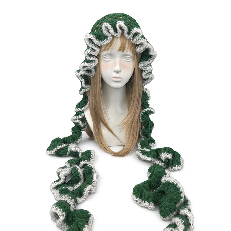 Handmade Green White Openwork Jellyfish Beanie Women Custom Crochet Ruffled Long Tie Knit Hat Girls Cosplay Funny Casual Caps