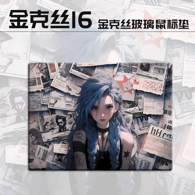 Jinx Glass Mouse Pad Smooth Waterproof UV Printing FPS Esports Games Tempered Glass Mousepad XXL Valorant Anime Table Mat Laptop
