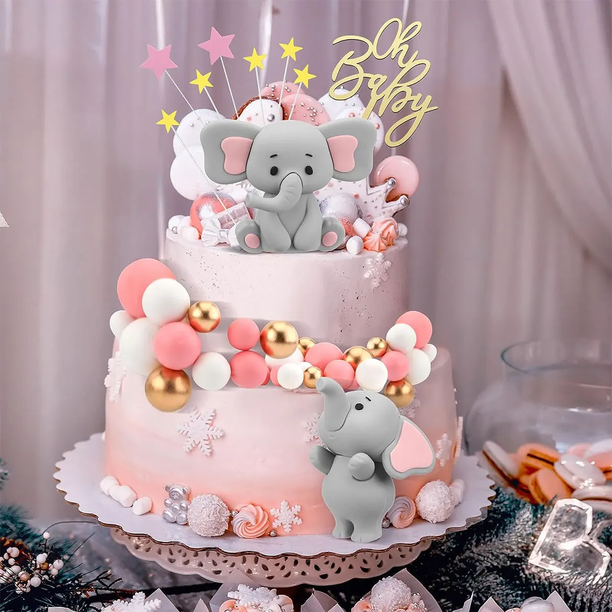 35pcs Pink Elephant Cake Toppers Mini Cake Decorations Cupcake Toppers Pink White Pearl Ball for Girl Baby Shower Birthday