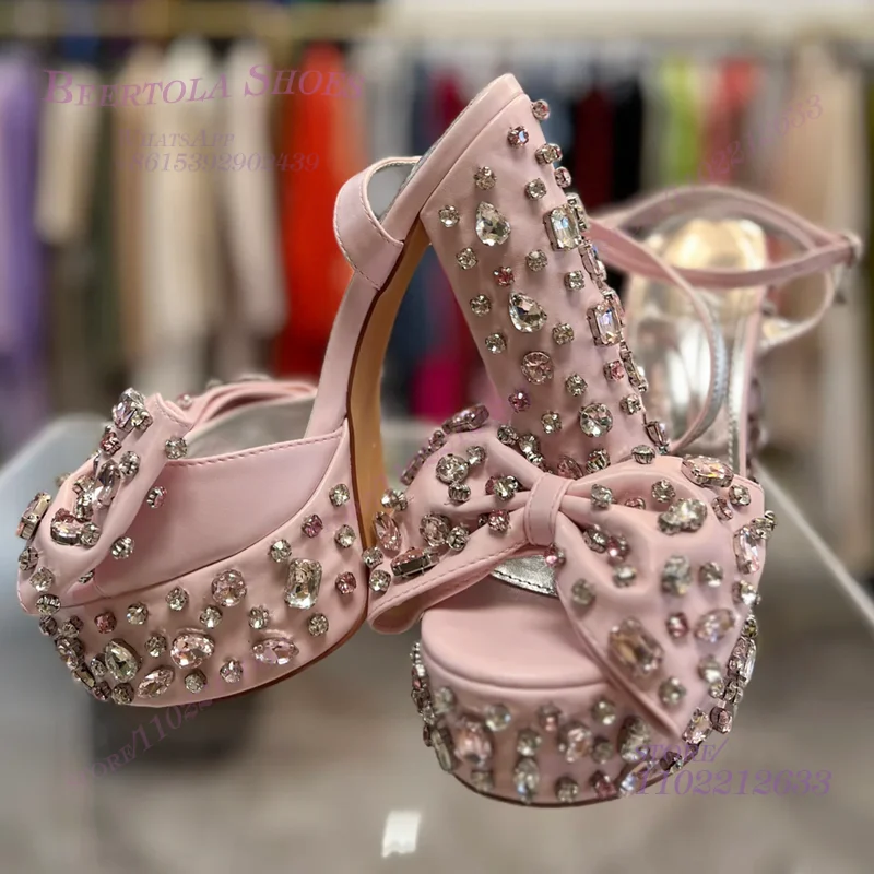 Sandalias de plataforma con diamantes de cristal rosa para niñas lindas, zapatos de fiesta de tacón grueso con hebilla de diamante dorado abierto con lazo para bebé