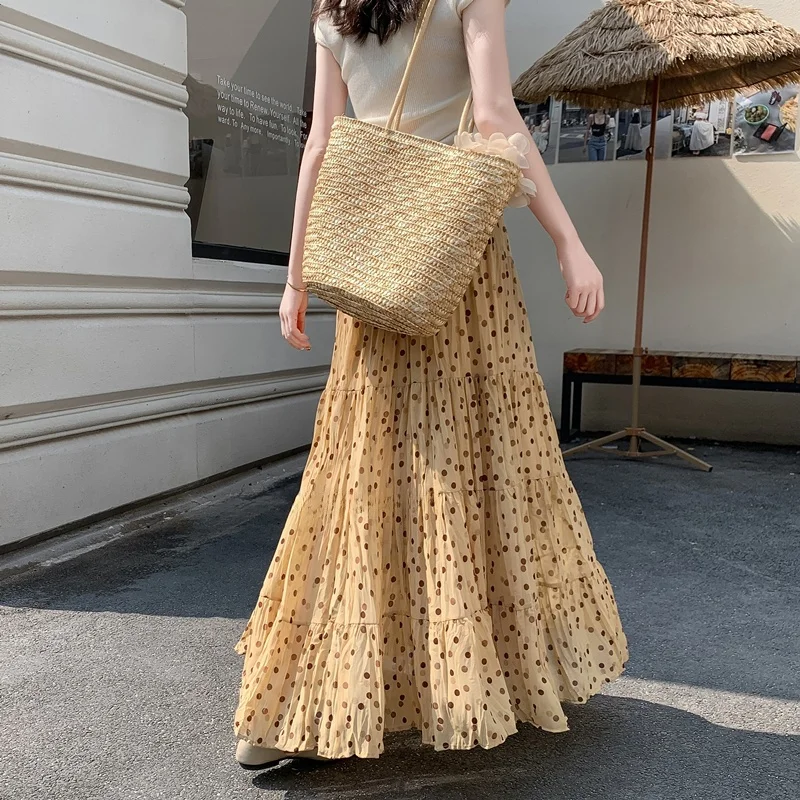 Gonna Lunga a Pois Gialli Floreale Retrò, Vita Alta, Slim Fit, Drappeggiata, Linea A, Stile Ombrello