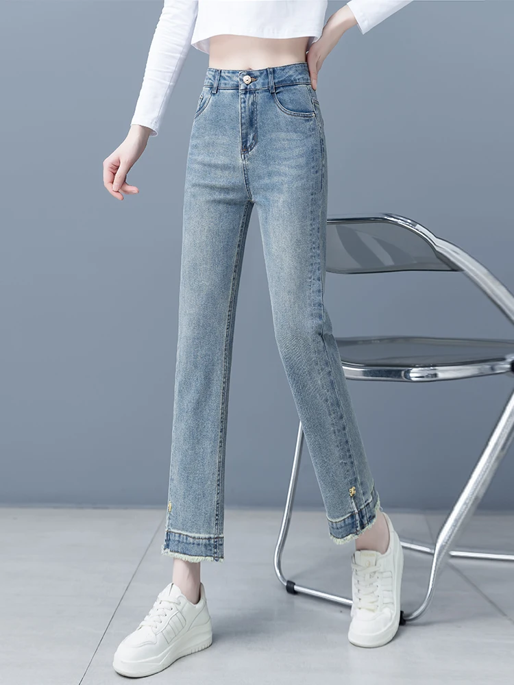 

Джинсы с высокой талией и прямыми штанинами для женщин, весенне-осенние, в ретро-стиле, облегающие, длиной до щиколотки, из смесового хлопка, комфортные, хорошо сидящие