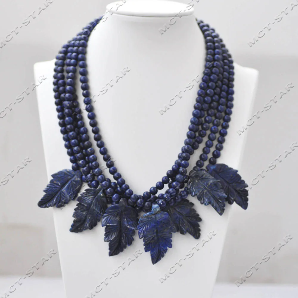 

Z14365 5 рядов 17 дюймов 40 мм синее круглое ожерелье ручной работы из натурального лазурита с листьями кулон