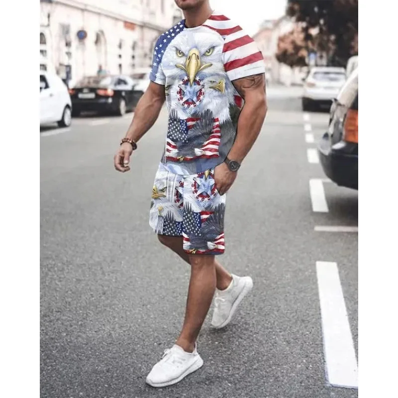 2025 Fashion Retro Men's 3D Printed T-shirt 2-piece Set Loose and Casual Oversized Short Sleeved Polyester Fiber Set