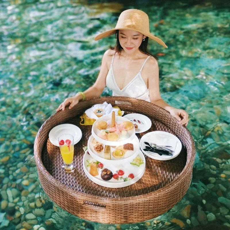 Rattan Floating Round Water Tray Bali Vietnam Internet Celebrity Basket B & B Swimming Pool Dining Plate Beach صحون سيراميك