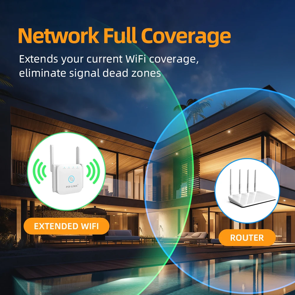 PIXLINK-مكرر موسع واي فاي مزدوج ، لاسلكي ، واي فاي ، مضخم للصوت ، طويل المدى ، مقوي إشارة ، ريبيتير ، AC24 ، 5G ، 2.4GHz ، 1200m