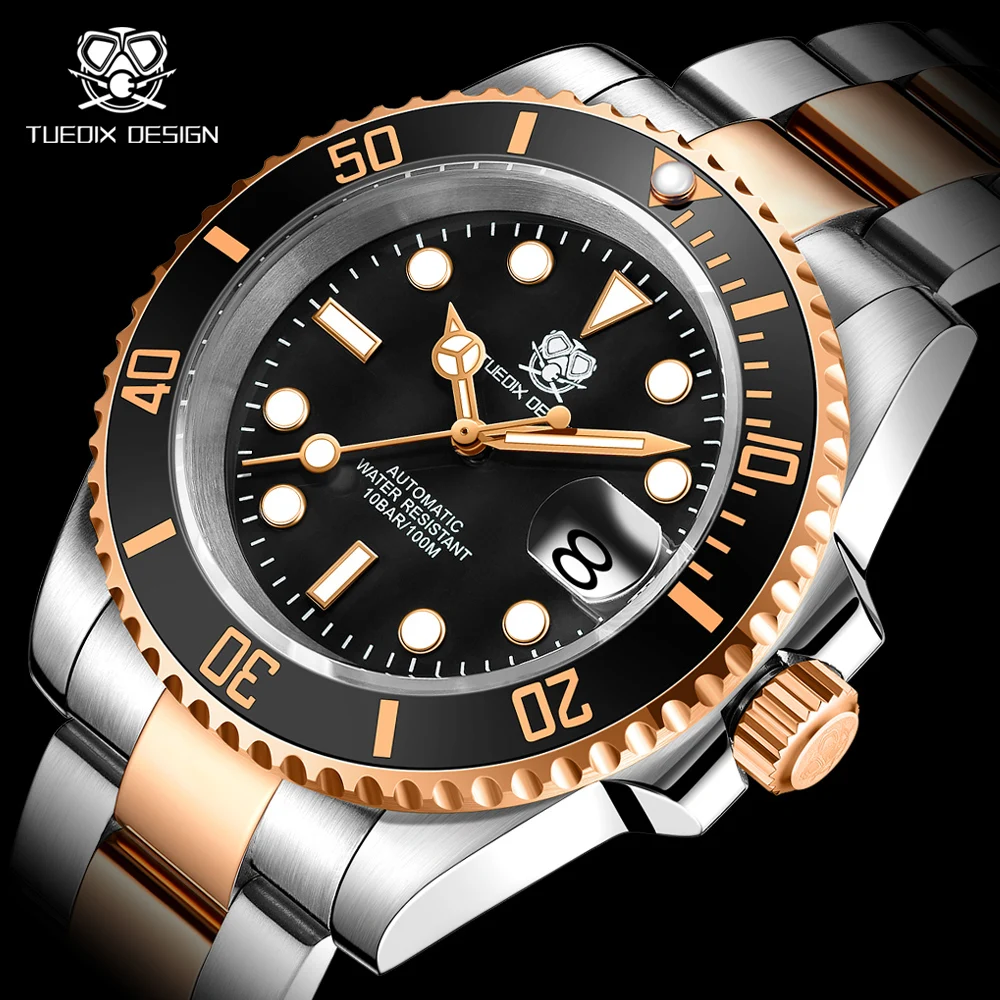 TUEDIX Business 41mm SUB Two Tone Rose Gold AUTOMATIC Men Watch NH35A Movement Ceramic Insert Screw Crown Date Calendar