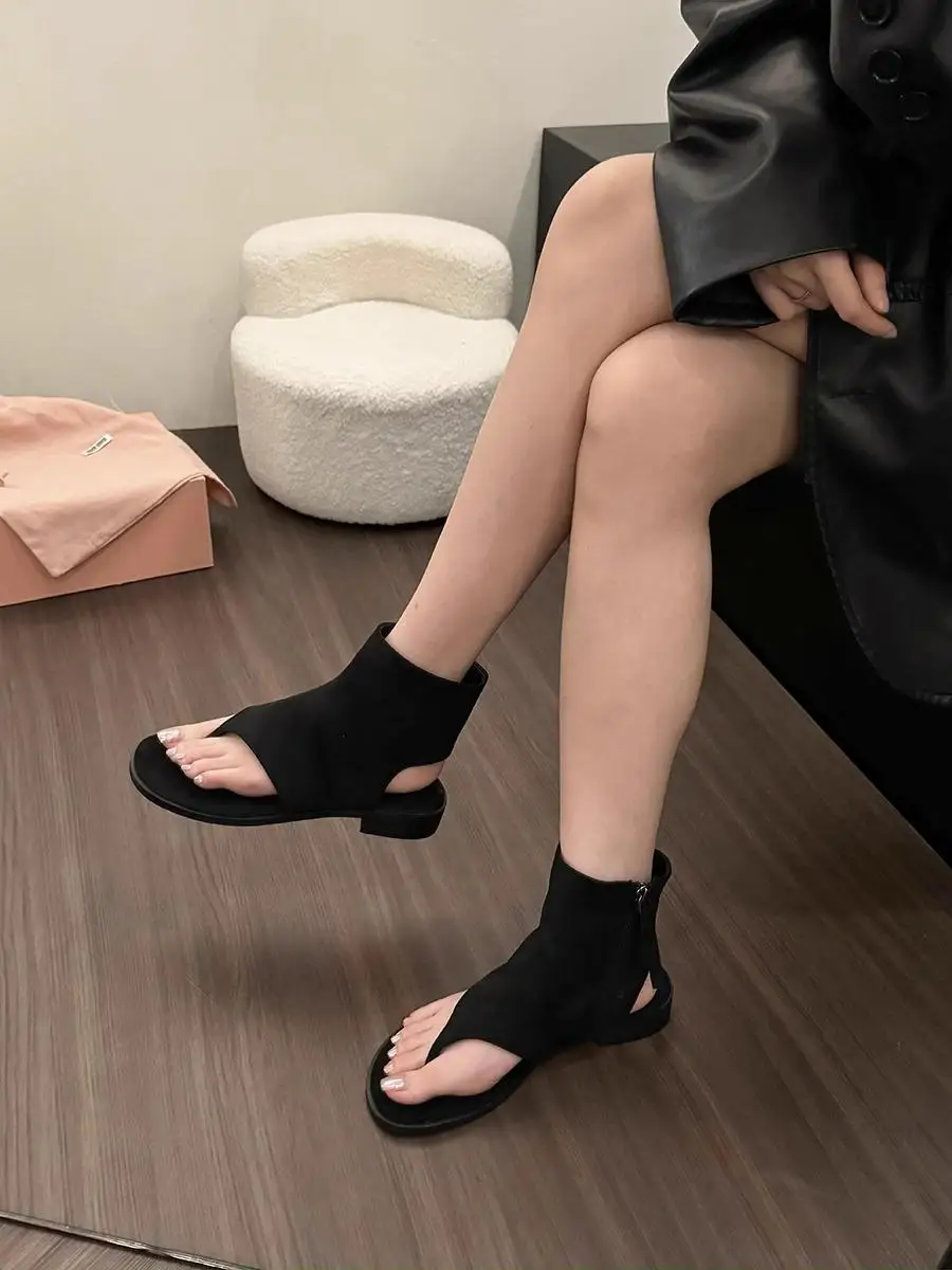 

Босоножки женские однотонные на молнии, модные полусапожки с закрытым носком для девочек, летняя обувь