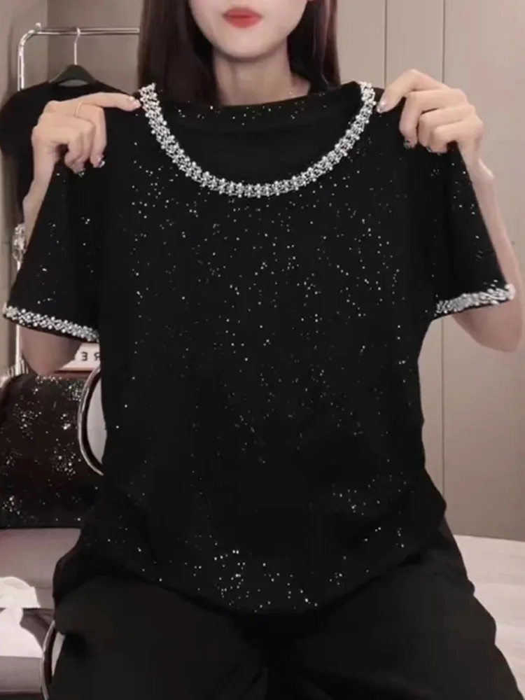 High-end feeling starry sky diamond studded short sleeved t-shirt women's plus size summer slimming half sleeved top