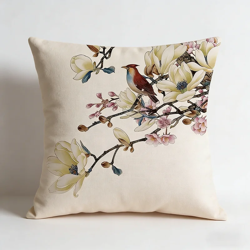 

Vintage Oriental Floral Bird Print Cushion Cover Peach Skin Oriental Throw Pillowcase Sofa Living Bedroom Home Decor Pillow Case