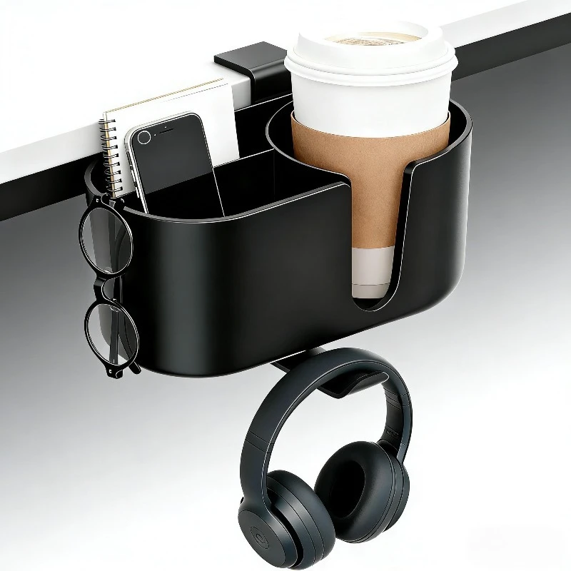 

Зажим для настольной вешалки для наушников 3 в 1, подстаканник под столом, 360° ° Вращающийся держатель для наушников Съемный держатель для ручки и чашки Настольное хранилище