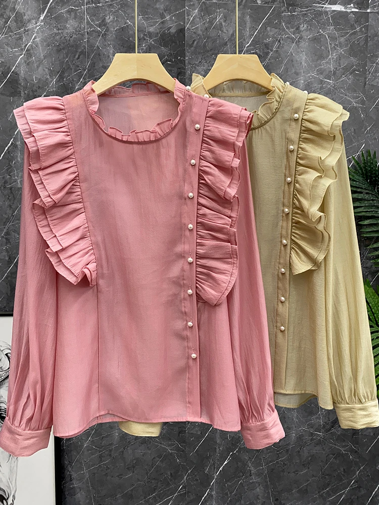 

Elegant Women's Shirt Asymmetric Design Tunic Top Silk Lantern Sleeve Fashionable Spring Autumn Season Floral Lace Hem