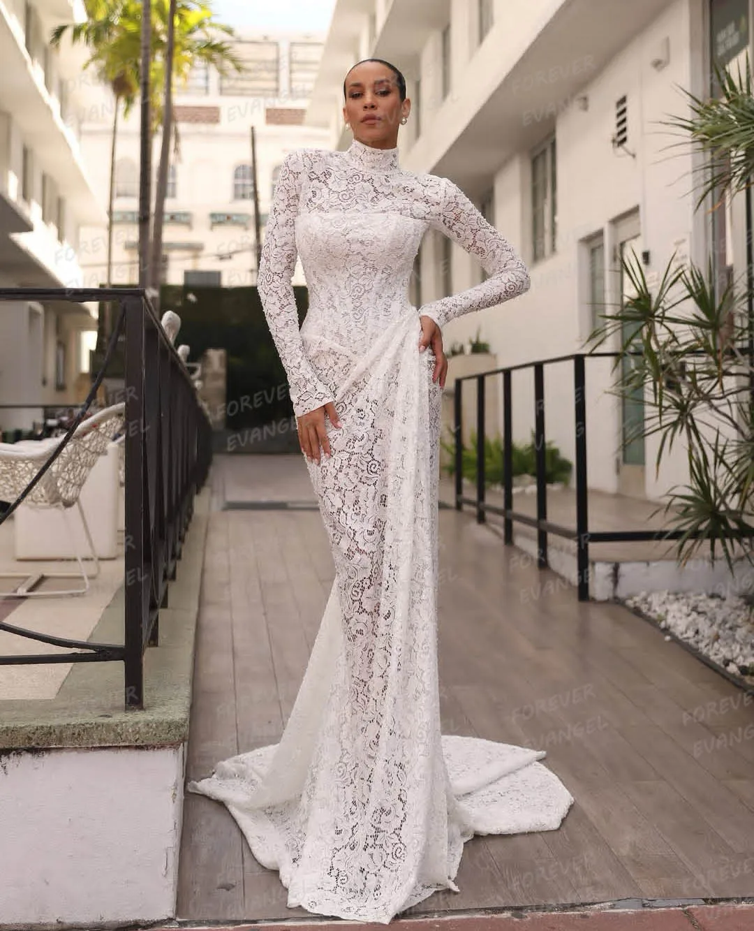 

Boho High Neck Wedding Dresses Woman's Mermaid Sweep Train Bride Gowns Appliques Side Split Elegant Customized Vestido De Novia