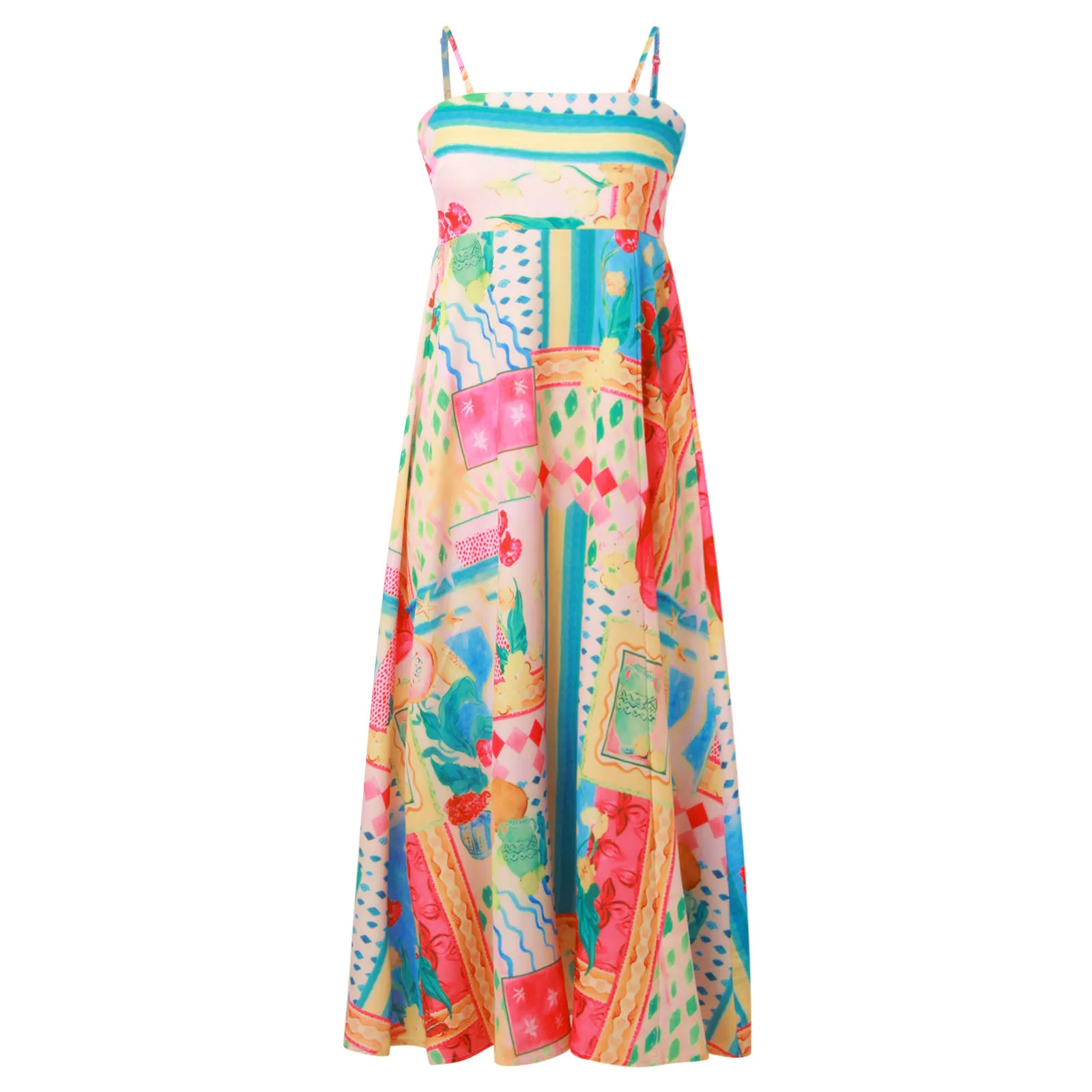 Frauen Bunte Print Boho Kleid Sexy A-Line Big Swing Rückenfreie Ärmel Sling Kleider Robe Mode Strand Urlaub Kleid