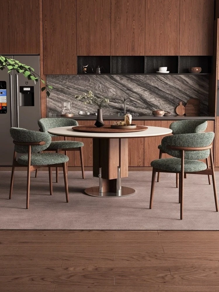 

New French retro solid wood round table with turntable home modern simple Deli Feng cave stone slab round dining table