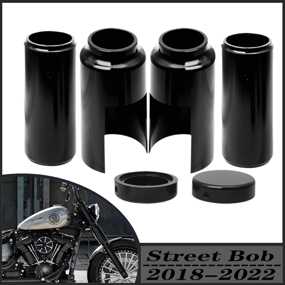 Motorcycle Aluminum Black Full Front Fork Covers Tube Caps Protector For Harley Softail M8 Street Bob FXBB FXBBS 2018-2024