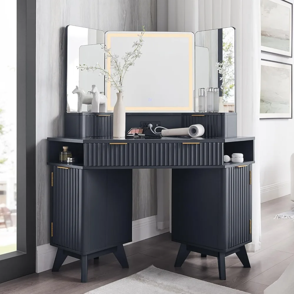 Fluted Makeup Vanity Desk with 3 Way Mirror and Lights, 48" Large Corner Vanity Table with Glass Top, Charging, Customized