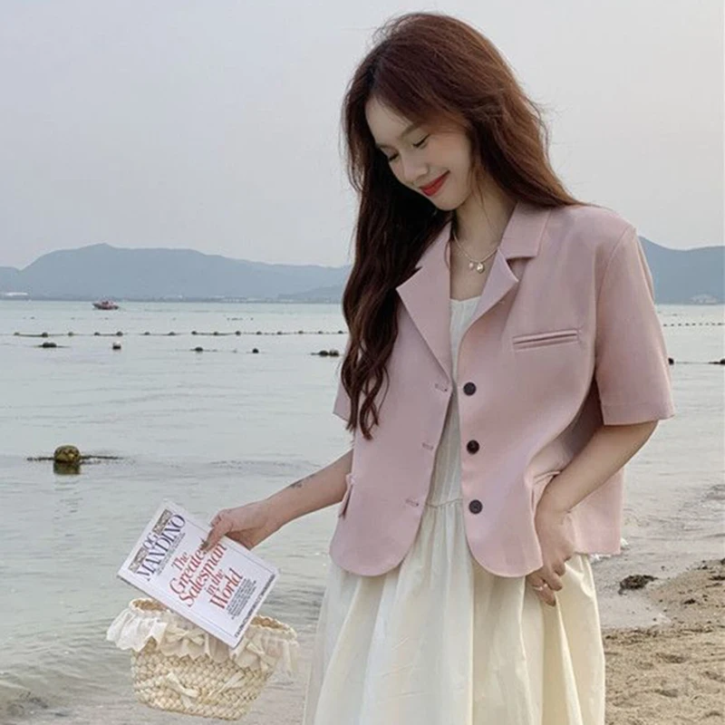 Pink Short Sleeve Suit Jacket Women 2024 Elegant Office Single Breasted Blazer Woman Summer Lapel Collar Casual Cropped Coat