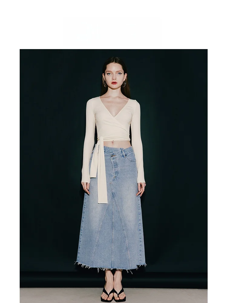 

Новая женская джинсовая юбка А-силуэта средней длины с высокой талией, осенняя модная американская юбка миди с карманами, 100% хлопок