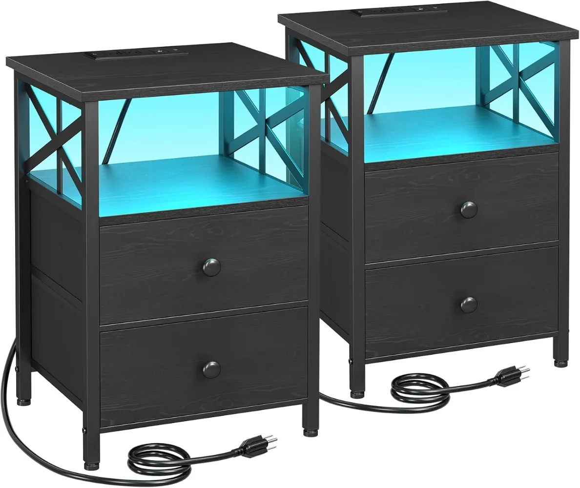 

Night Stand Set 2,with Charging Station, End Tables Living Room with Fabric Drawers, Bedside Table for Bedroom, Black