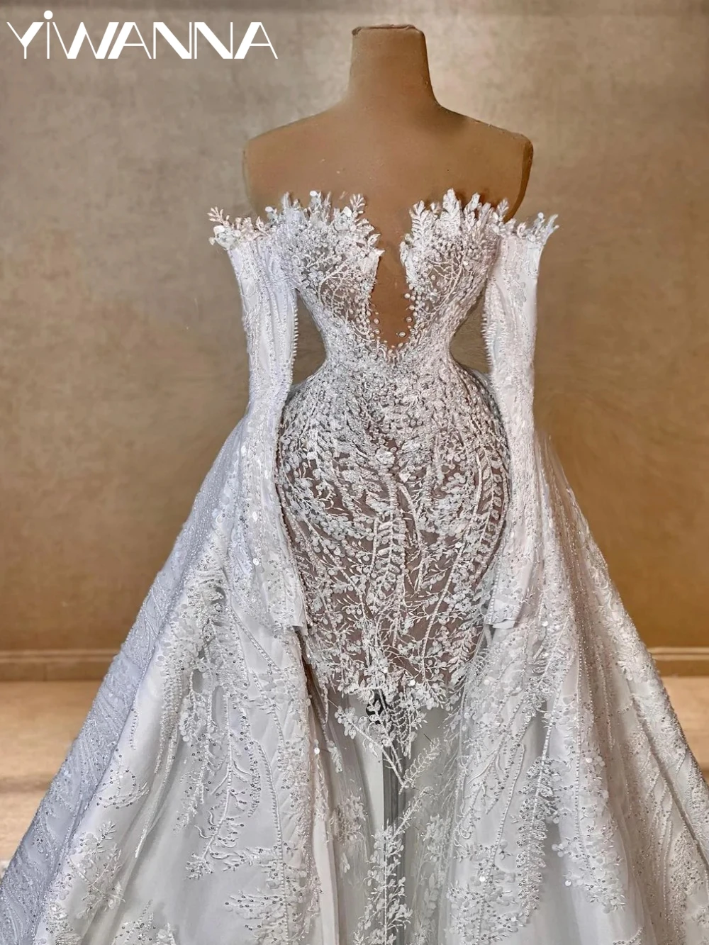 

Detachable Train Beaded Appliques Long Wedding Dress Gorgeous Illusion Off Shoulder Bidal Gown Customized Dresses For Bride