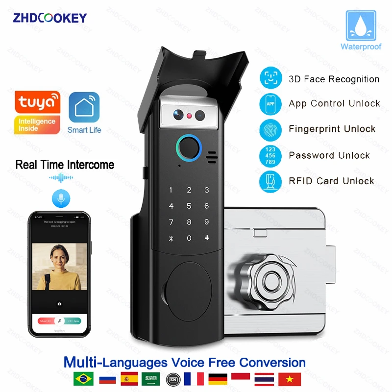 Outdoor waterproof Tuya Smart Life APP Control Fingerprint Password RFID Card Real-Time Intercom 3D Face Recognition Smart Lock