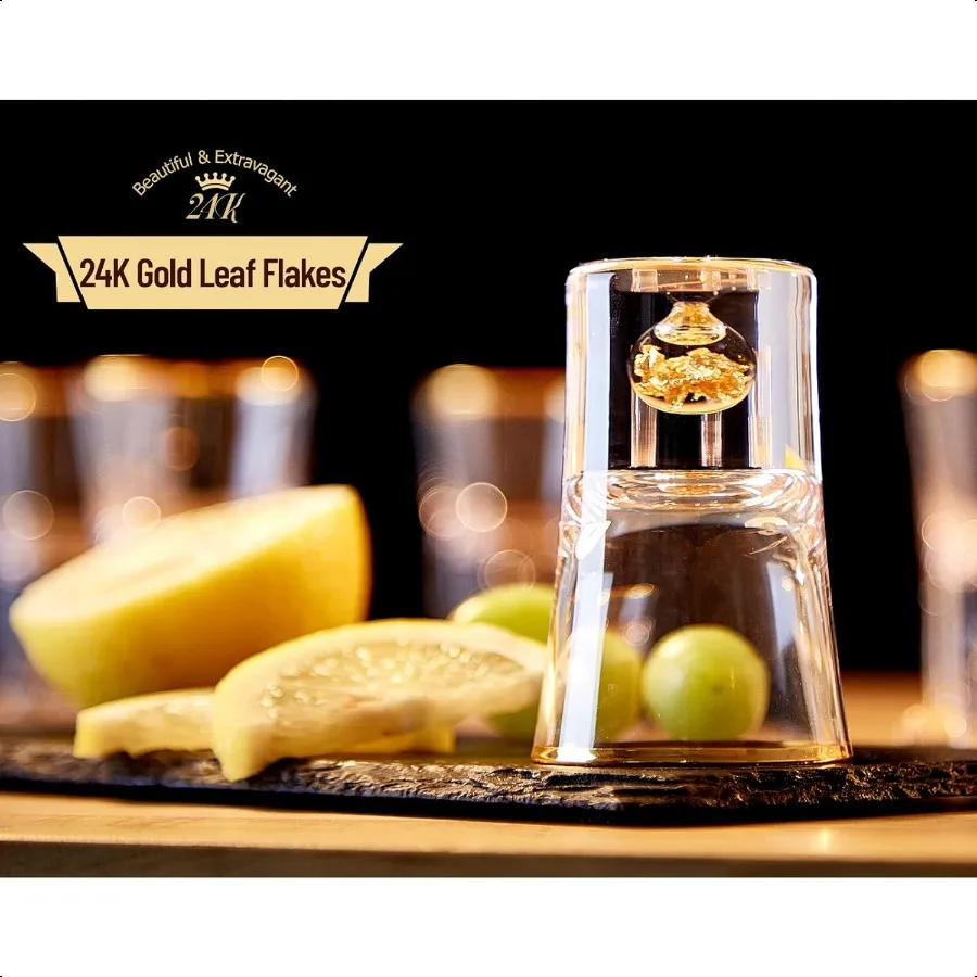 مجموعة نظارات كريستال 1.5 أونصة من الزجاج المزخرف برقائق أوراق الذهب عيار 24 قيراط، أكواب شوت رائعة ولطيفة خالية من مادة BPA وخالية من الرصاص